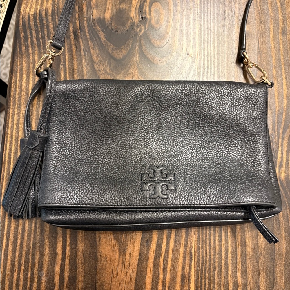 Tory Burch Black Pebbled Leather Tassel Crossbody